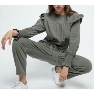 Downeast bohemian Jumpsuit Green Army Tie Front Boiler Zip Closure Coveralls M